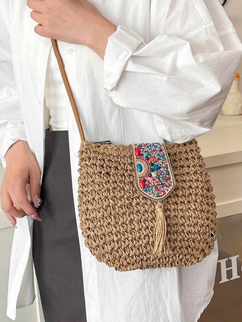 Boho colorful Beaded Straw Shoulder Crossbody Bag - Picture 6 of 7